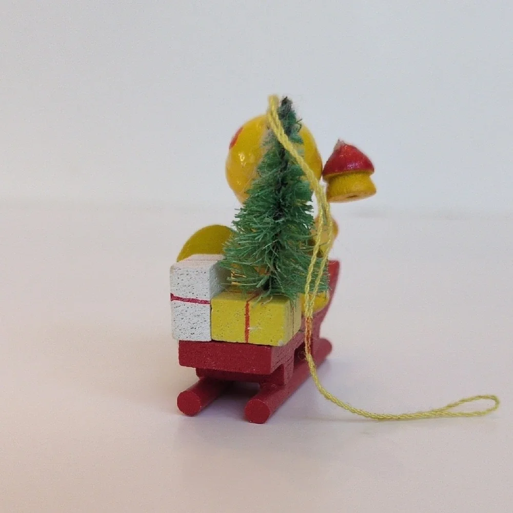 Vintage 70s Miniature Wooden Angel Christmas‎ Ornament - Yellow Sled Tree